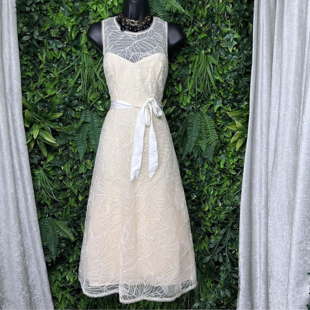 BCBGMAXAZRIA Dress Embroidered 6 Beige Organza Women Midi Gown $428 NWT 1894 - Picture 10 of 14